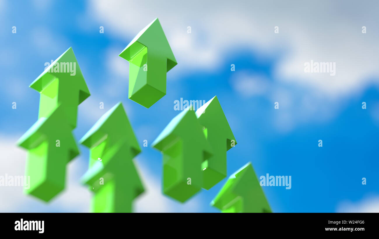 Green  arrows flyksing to the sky, symbolizing an uptrend. Stock Photo