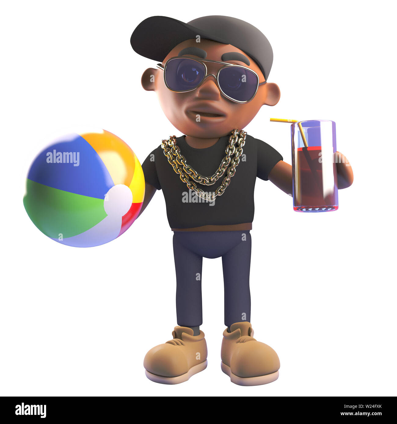 Black hiphop rapper in baseball cap holds a beach ball and drink, 3d ...