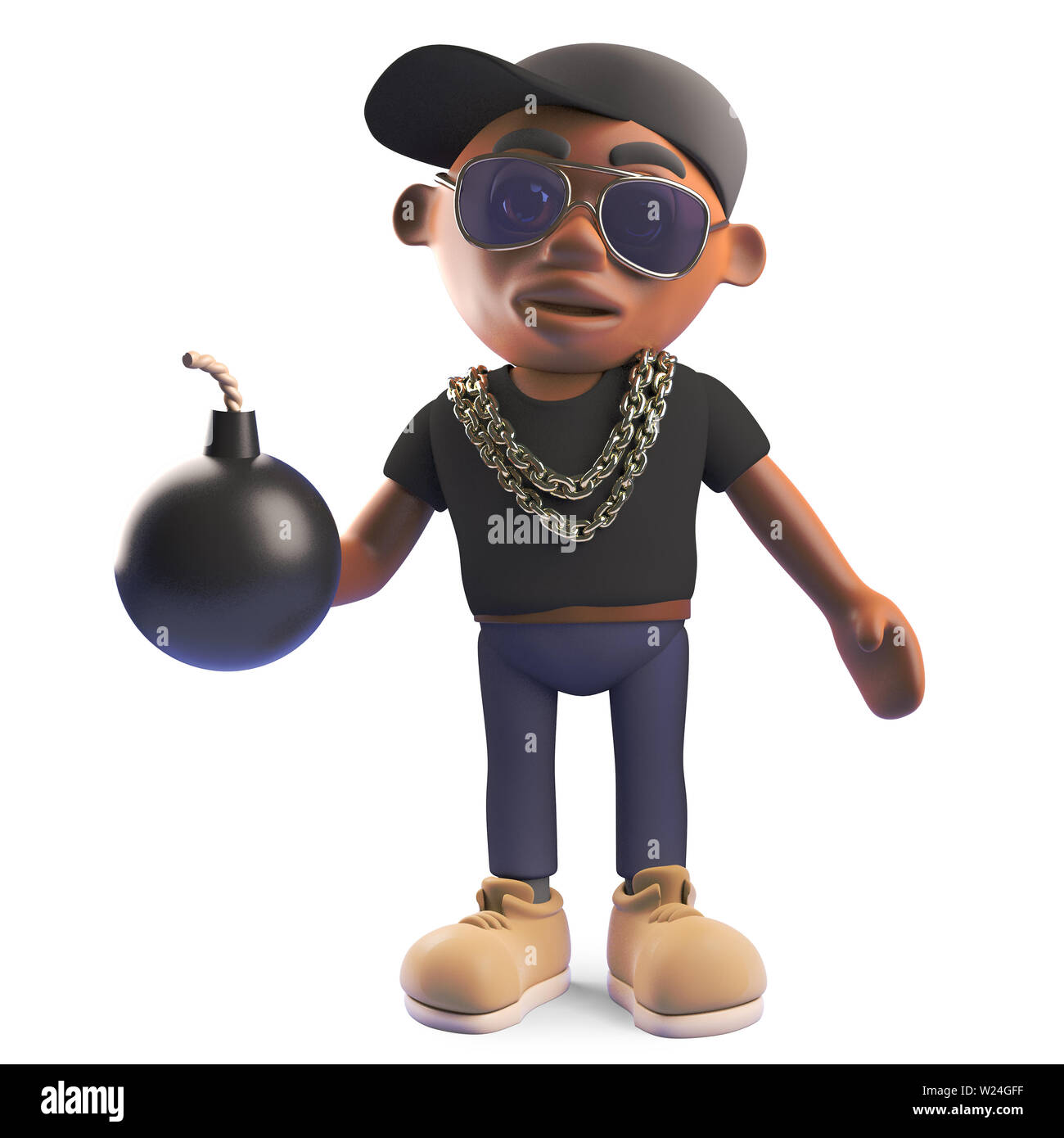 Cartoon black hiphop rapper holding a bomb, 3d illustration render Stock Photo