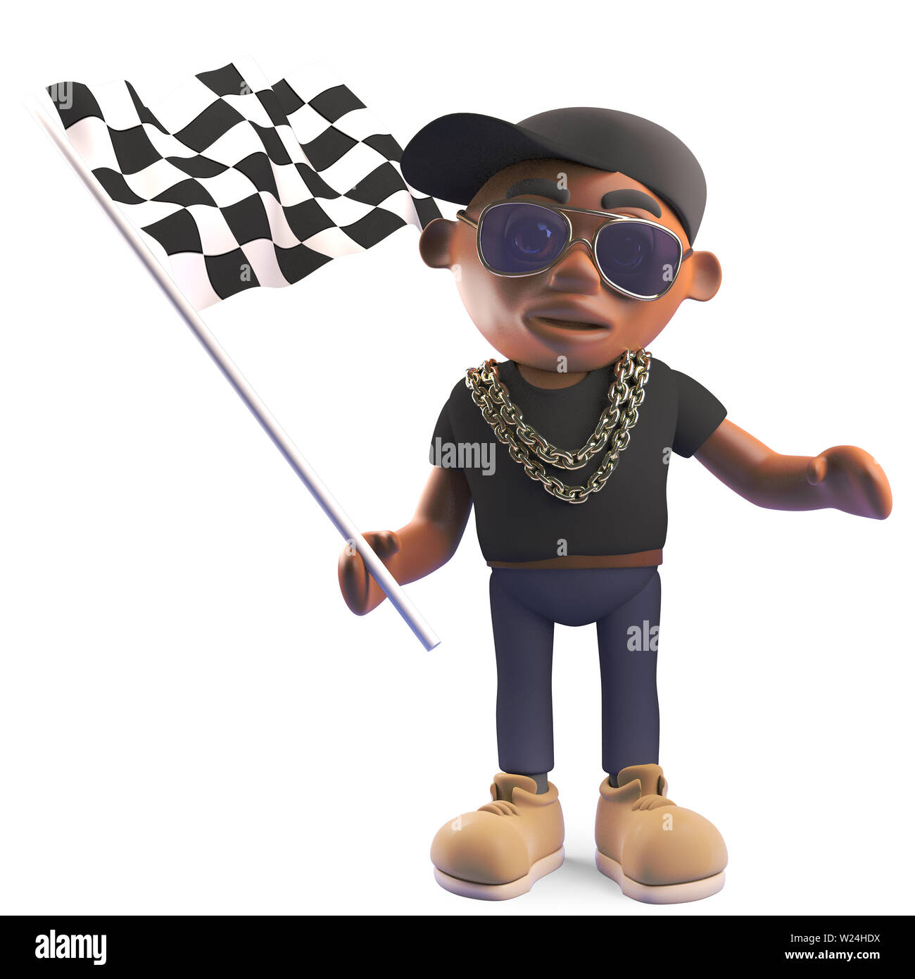 Black hiphop rapper waving the checkered flag, 3d illustration render Stock Photo
