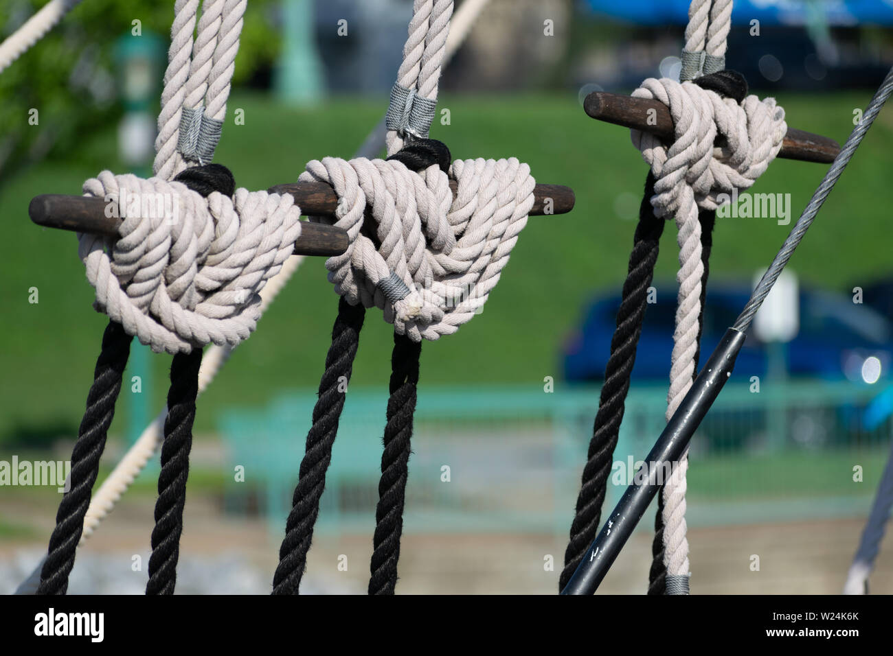 Maritime ropes aboard a sailing ship. Stock Photo