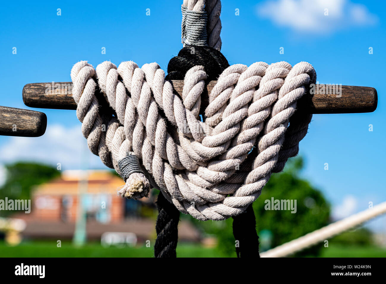 Maritime ropes aboard a sailing ship. Stock Photo