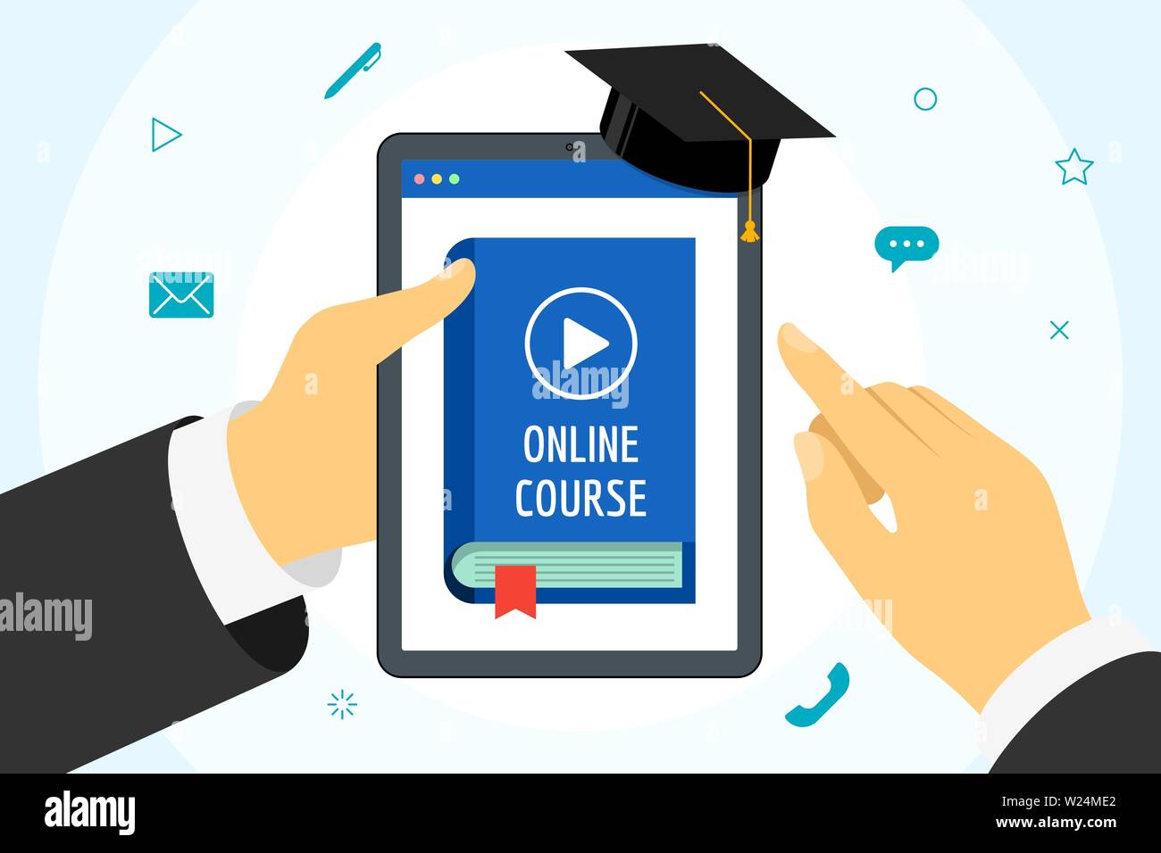 Hand holding tablet with online course blue cover book. Distance education concept with play video button and graduation cap. E-learning studying and internet teaching banner vector illustration flat Stock Vector