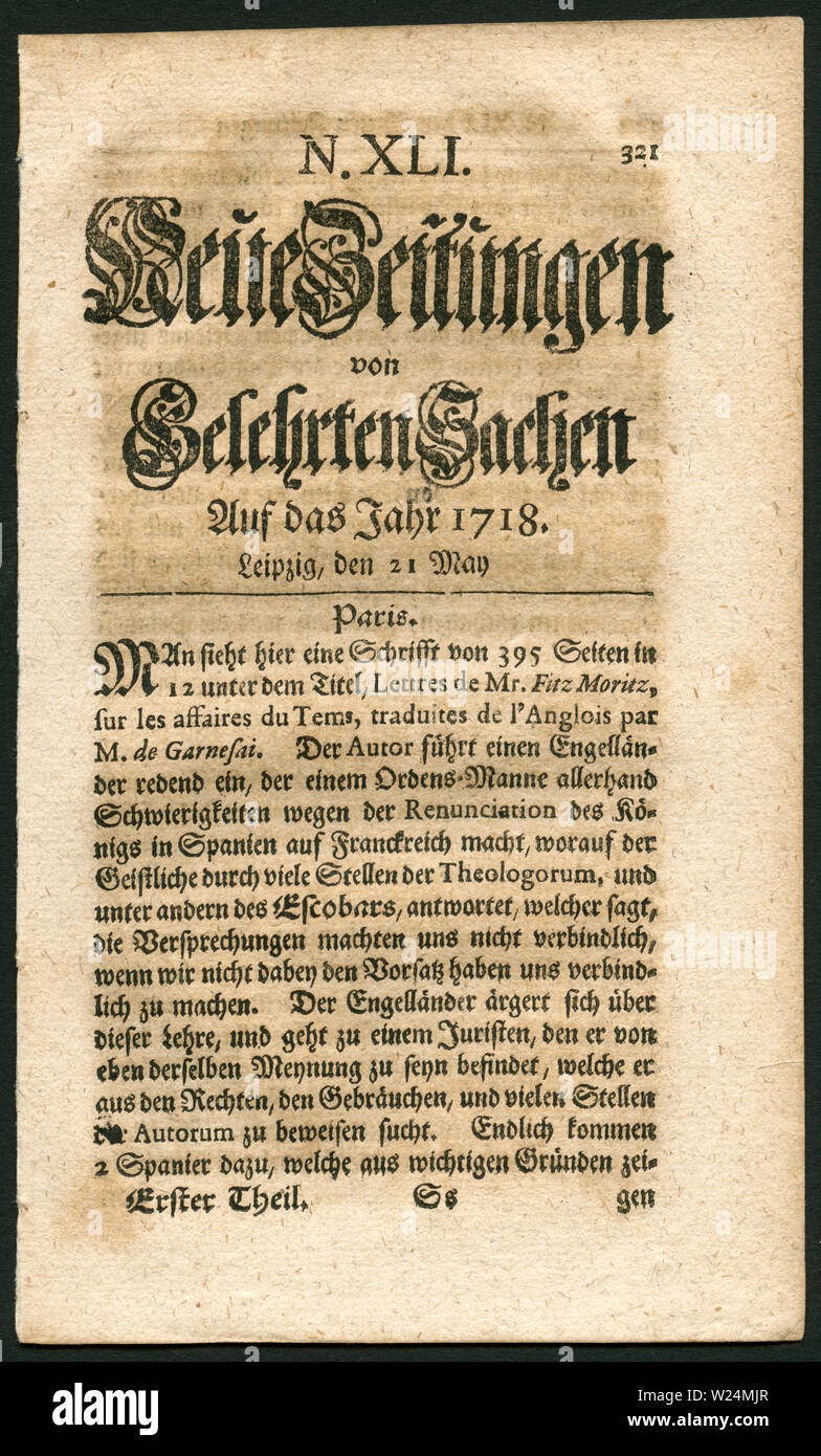 Europa, Deutschland, Sachsen, Leipzig, historische Zeitung mit dem Titel : ' Neue Zeitungen von Gelehrten Sachen ' , auf das Jahr 1718, 21. Mai .  / E Stock Photo