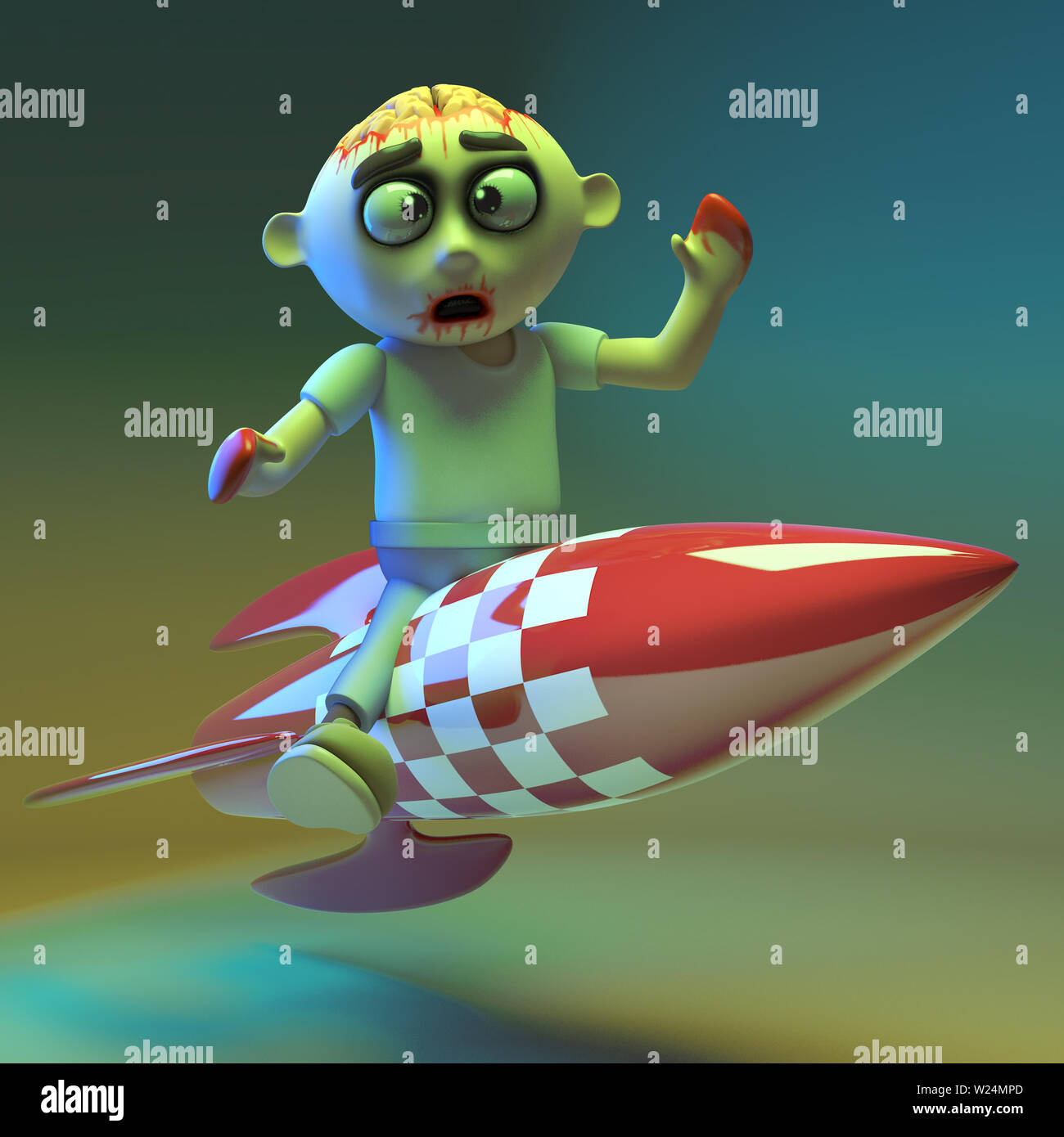 Scared undead zombie monster takes a ride on a rocket, 3d illustration render Stock Photo Alamy