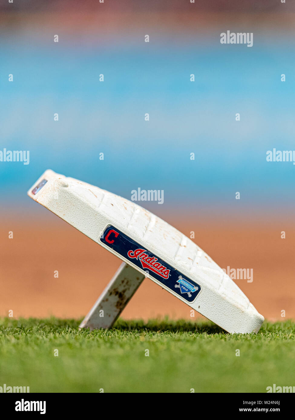 Cleveland, OH, USA. 16th May, 2019. A detailed view of the Cleveland Indians and Progressive field logos are seen on third base during a game between the Baltimore Orioles and the Cleveland Indians on May 16, 2019 at Progressive Field in Cleveland, OH. Adam Lacy/CSM/Alamy Live News Stock Photo