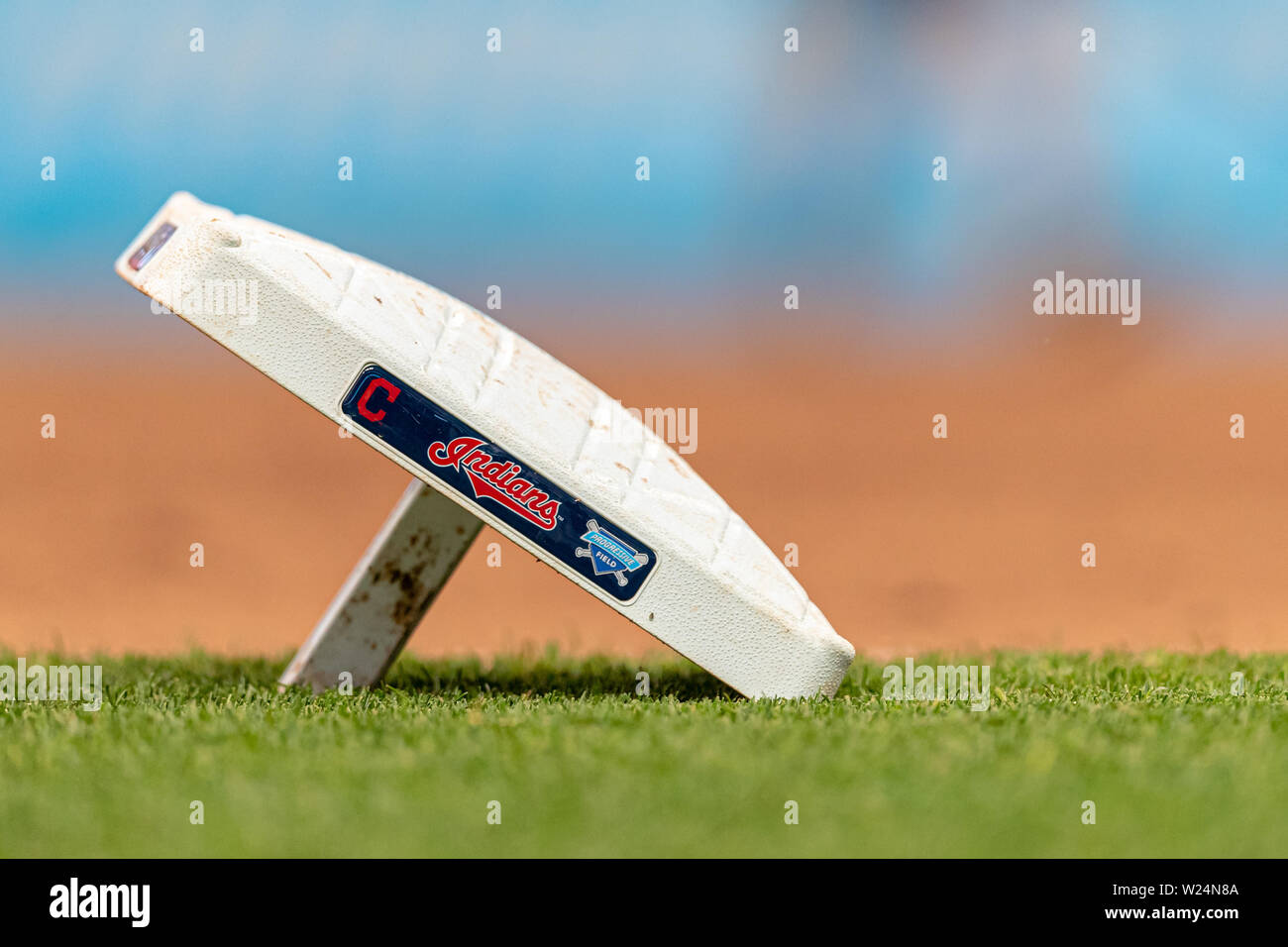 Cleveland, OH, USA. 16th May, 2019. A detailed view of the Cleveland Indians and Progressive field logos are seen on third base during a game between the Baltimore Orioles and the Cleveland Indians on May 16, 2019 at Progressive Field in Cleveland, OH. Adam Lacy/CSM/Alamy Live News Stock Photo