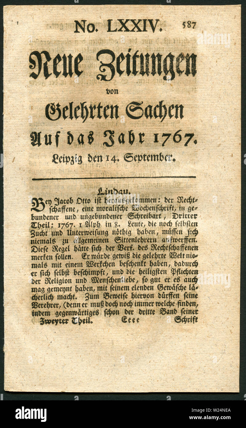 Europa, Deutschland, Sachsen, Leipzig, historische Zeitung mit dem Titel : ' Neue Zeitungen von Gelehrten Sachen ' , No. LXXIV. , auf das Jahr 1767, 1 Stock Photo