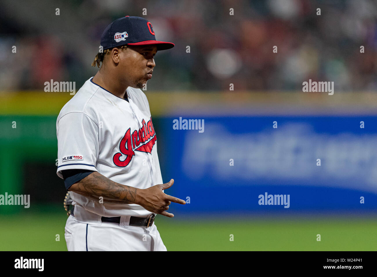 Cleveland, OH, USA. 16th May, 2019. Cleveland Indians second baseman Jose Ramirez (11) reacts during a game between the Baltimore Orioles and the Cleveland Indians on May 16, 2019 at Progressive Field in Cleveland, OH. Adam Lacy/CSM/Alamy Live News Stock Photo