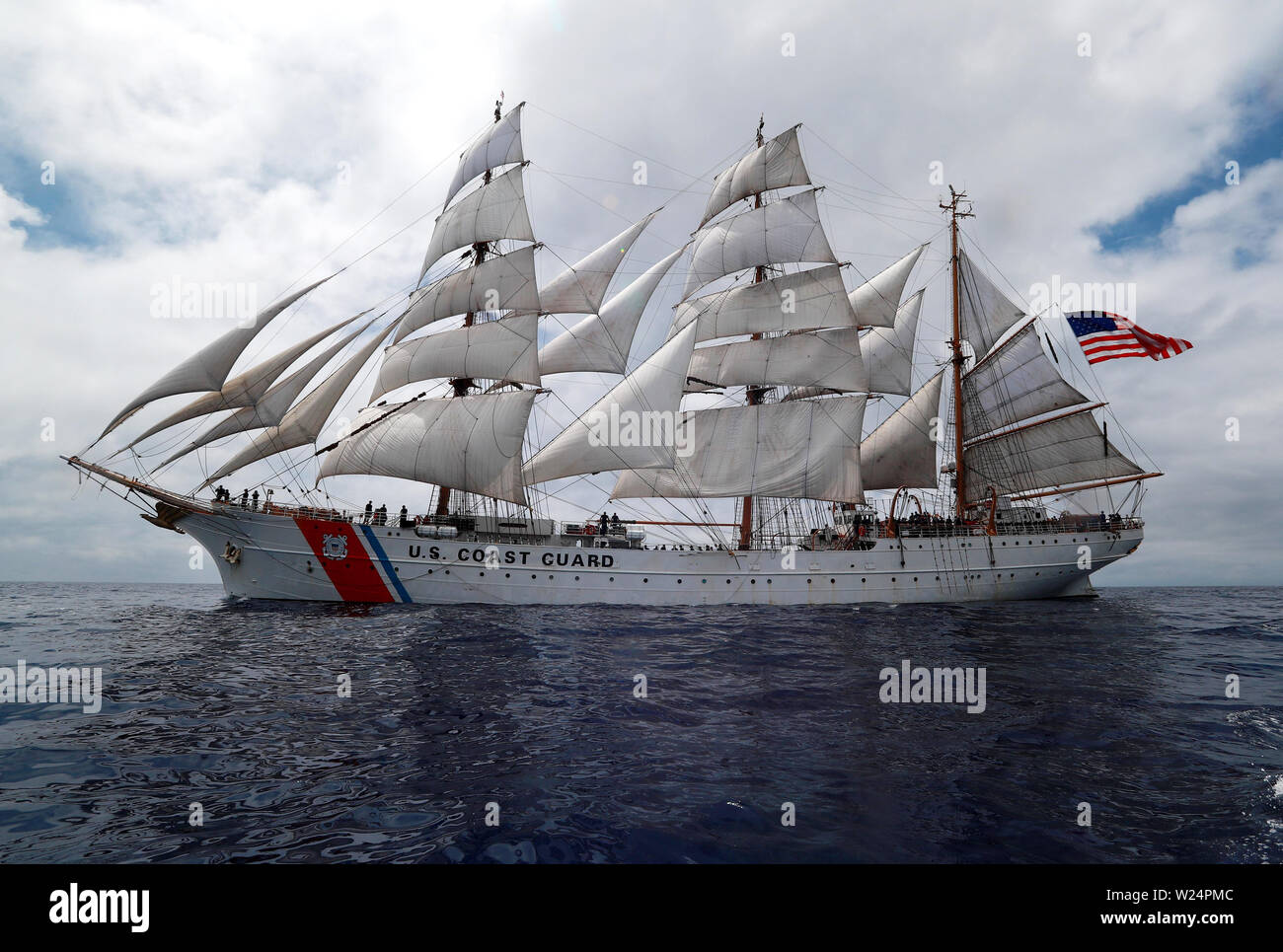 The U.S. Coast Guard Tall Ship Eagle with full sails in the Atlantic