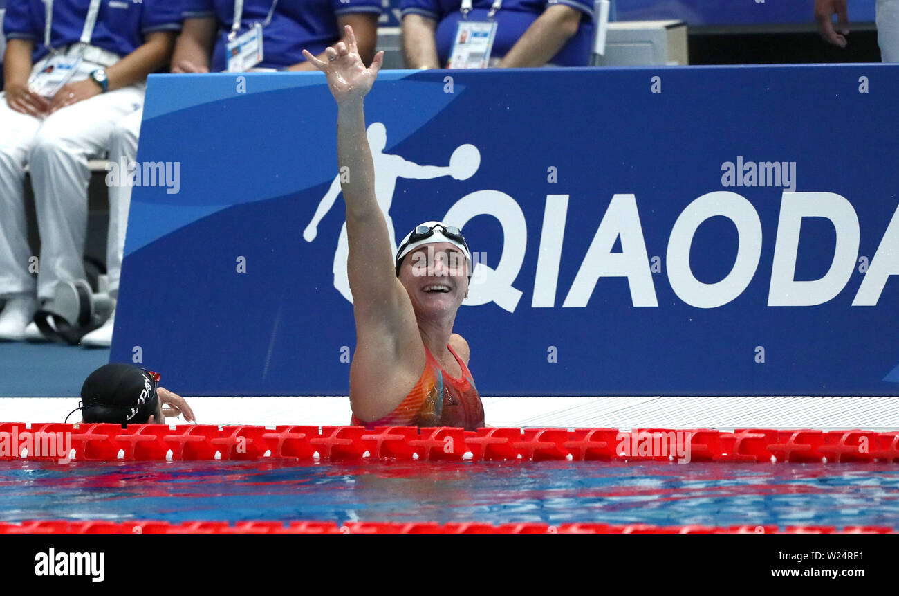 Scandone Pool, Naples, Italy. 5th July, 2019. 30th Summer Universiade Competition day; Women's 50m Butterfly Final, Lovemore Tayla celebrates Credit: Action Plus Sports/Alamy Live News Stock Photo