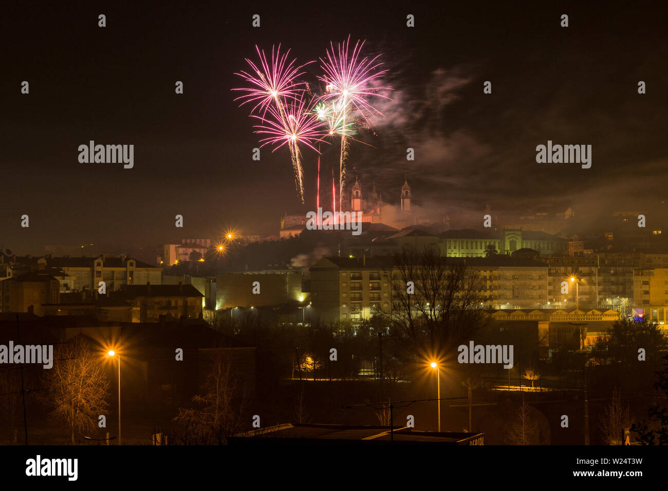 Fireworks at night in Viseu Stock Photo