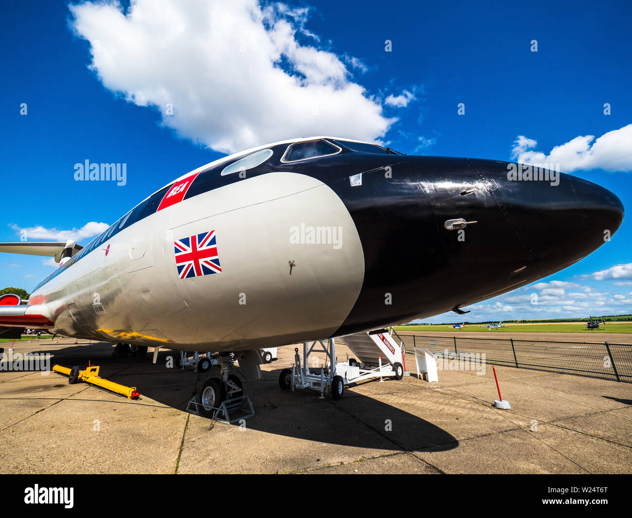 Vintage Hawker Siddeley BEA Trident 2 airliner at the Historic British Airliners Collection at IWM Museum Duxford. Run by the Duxford Aviation Society Stock Photo