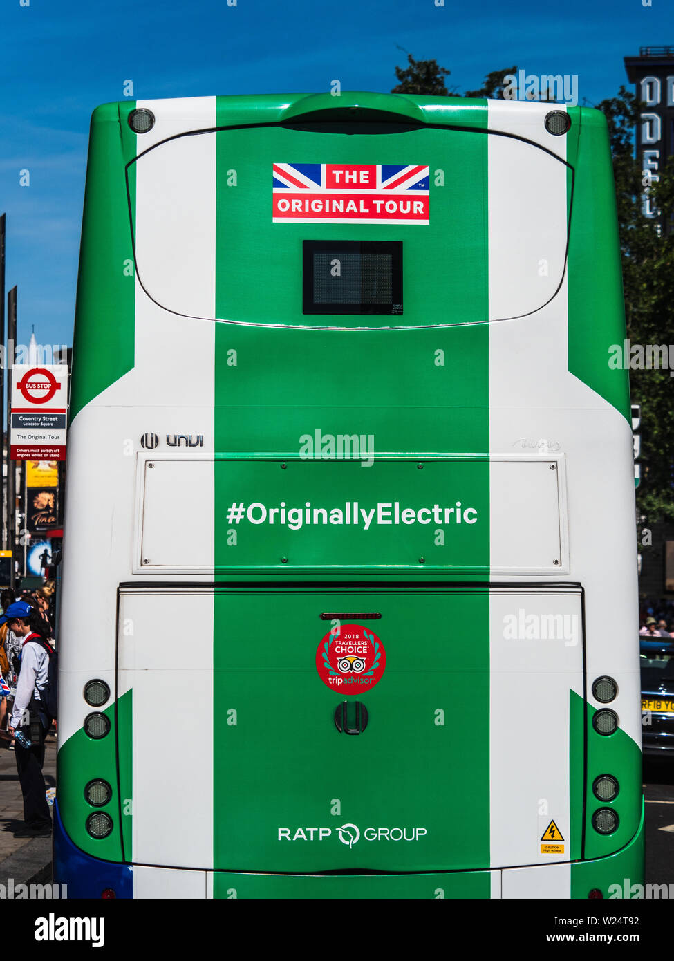 100% Eectric Tourist Bus London - The Original London Tour Electric Eco Tourist Bus - an open top bus powered only by electricity. Stock Photo