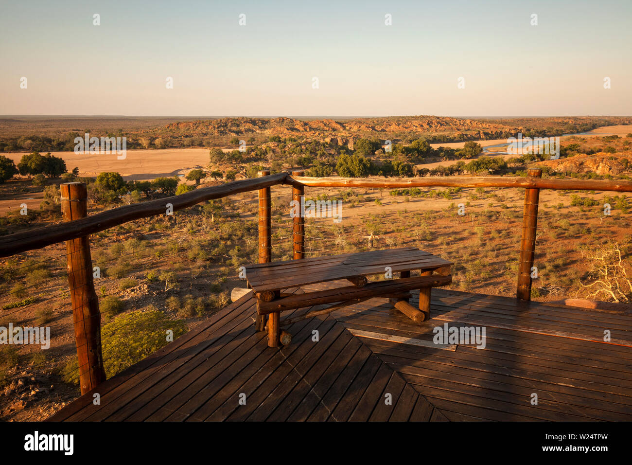 A view over Mapungubwe National Park in South Africa. The Limpopo River can be seen in the distance. Stock Photo