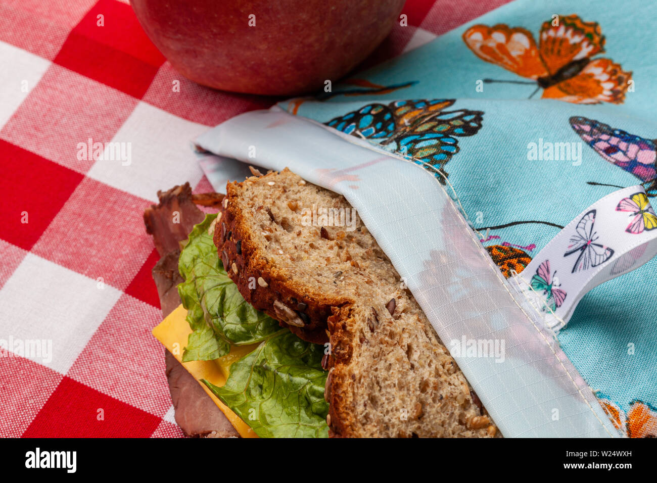 https://c8.alamy.com/comp/W24WXH/an-apple-and-a-sandwich-in-a-environmentally-friendly-homemade-reusable-blue-butterfly-sandwich-bag-sitting-on-a-red-and-white-checkered-tablecloth-W24WXH.jpg