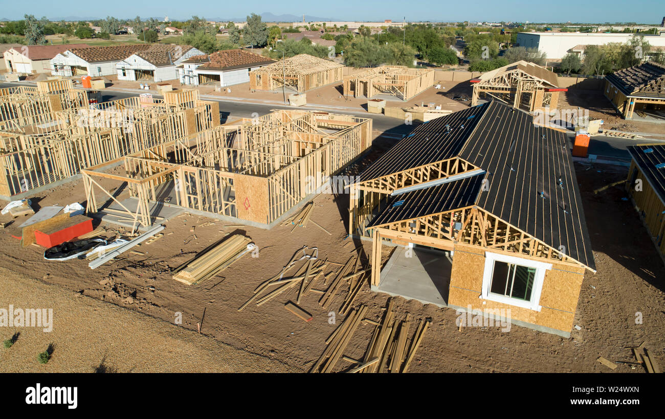 Aerial view of new homes under construction in a suburban area in Arizona Stock Photo