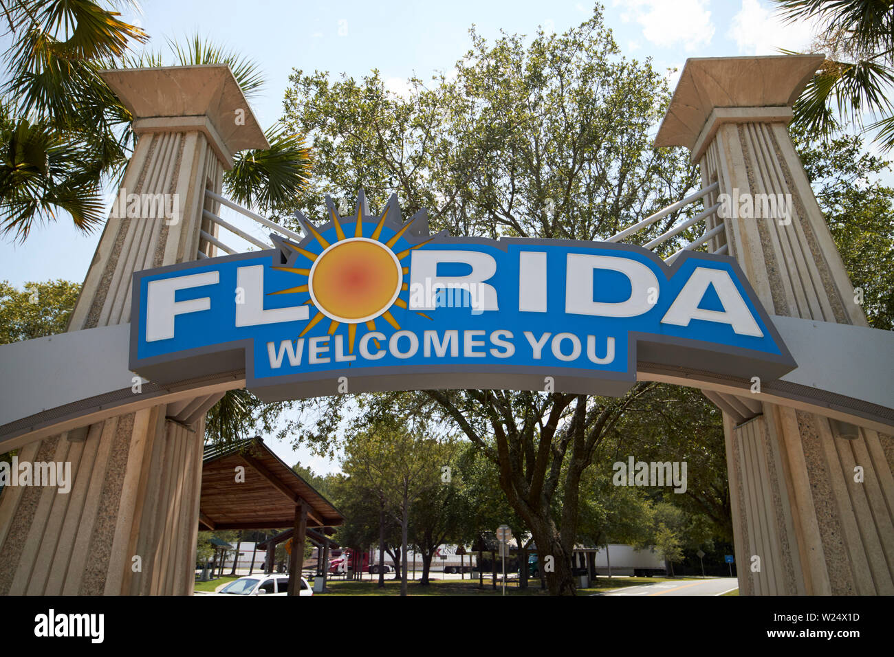 Florida welcomes you sign at the Florida visitors center on i-95 florida usa Stock Photo