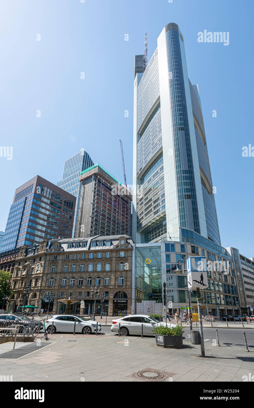 Frankfurt, Germany. July 2019.  the contrast between old and modern buildings in the city center Stock Photo