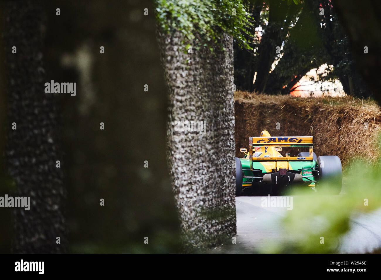 Goodwood, Chichester, West Sussex, UK. 5th July, 2019. Goodwood Festival of Speed; Ex Michael Schumacher Benetton Ford B192 driven past the flint wall Credit: Action Plus Sports/Alamy Live News Stock Photo