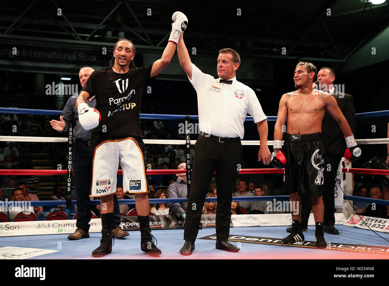 Tyrone Nurse celebrates beating Oscar Amador during the Dennis Hobson Promotions boxing event at Ponds Forge, Sheffield. Picture date: 5th July 2019. Stock Photo