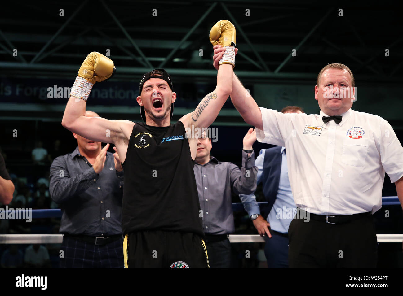 Josh Wale celebrates knocking out Ekow Wilson during the Dennis Hobson Promotions at Ponds Forge, Sheffield. Picture date: 5th July 2019. Picture cred Stock Photo
