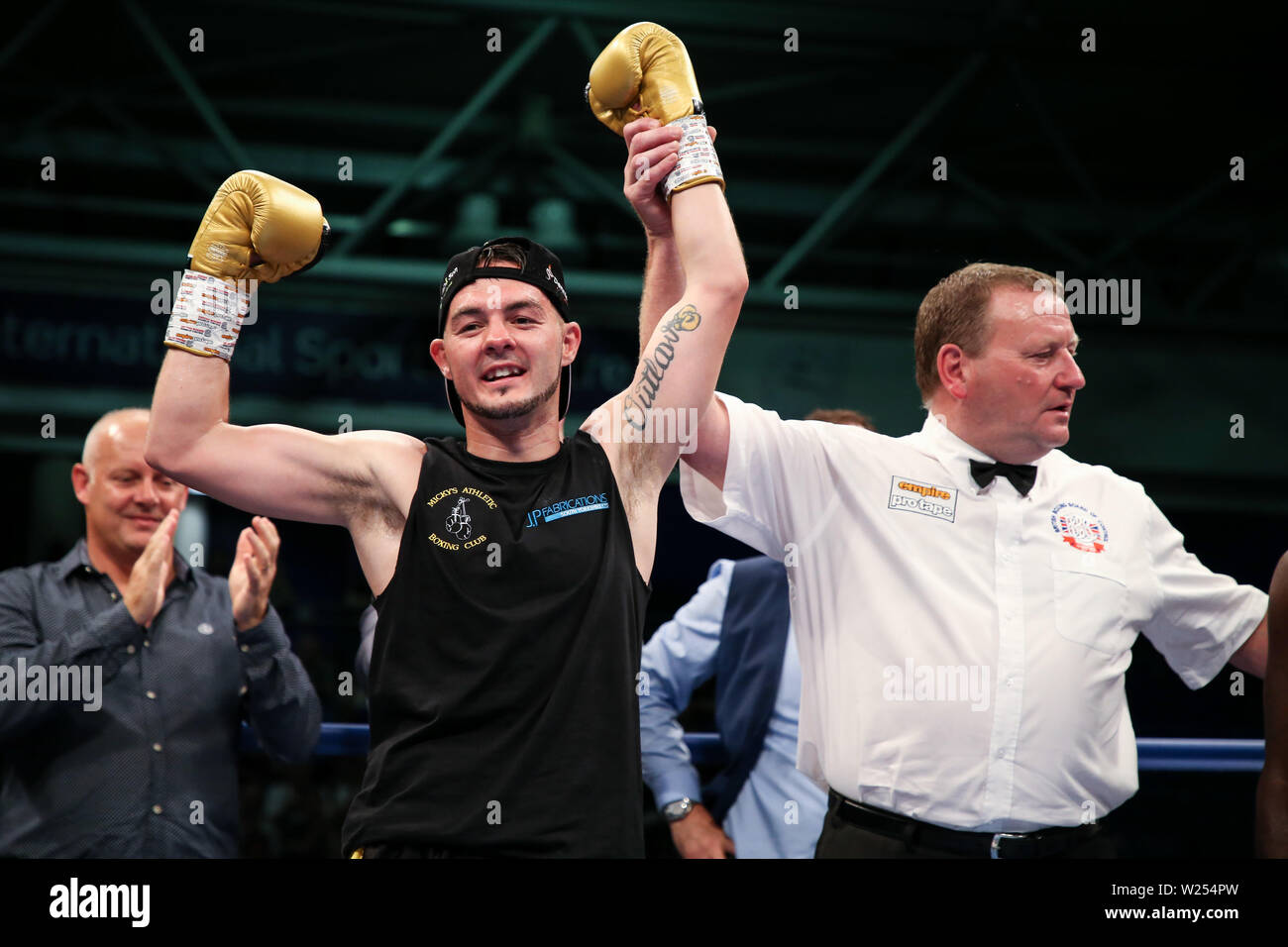 Josh Wale celebrates knocking out Ekow Wilson during the Dennis Hobson Promotions at Ponds Forge, Sheffield. Picture date: 5th July 2019. Picture cred Stock Photo