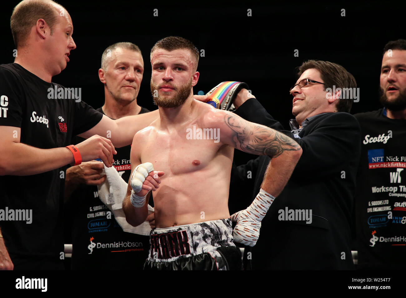 Tommy Frank celebrates beating John Chuwa during the Dennis Hobson Promotions boxing event at Ponds Forge, Sheffield. Picture date: 5th July 2019. Pic Stock Photo