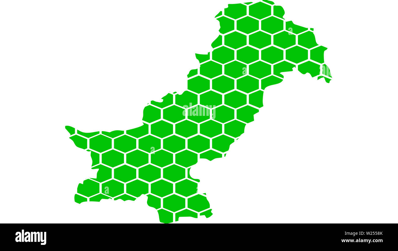 Honey comb mosaic map of Pakistan with colored hexagon shapes. Abstract Pakistan map concept formed from hexagonal geometric shapes. Stock Photo