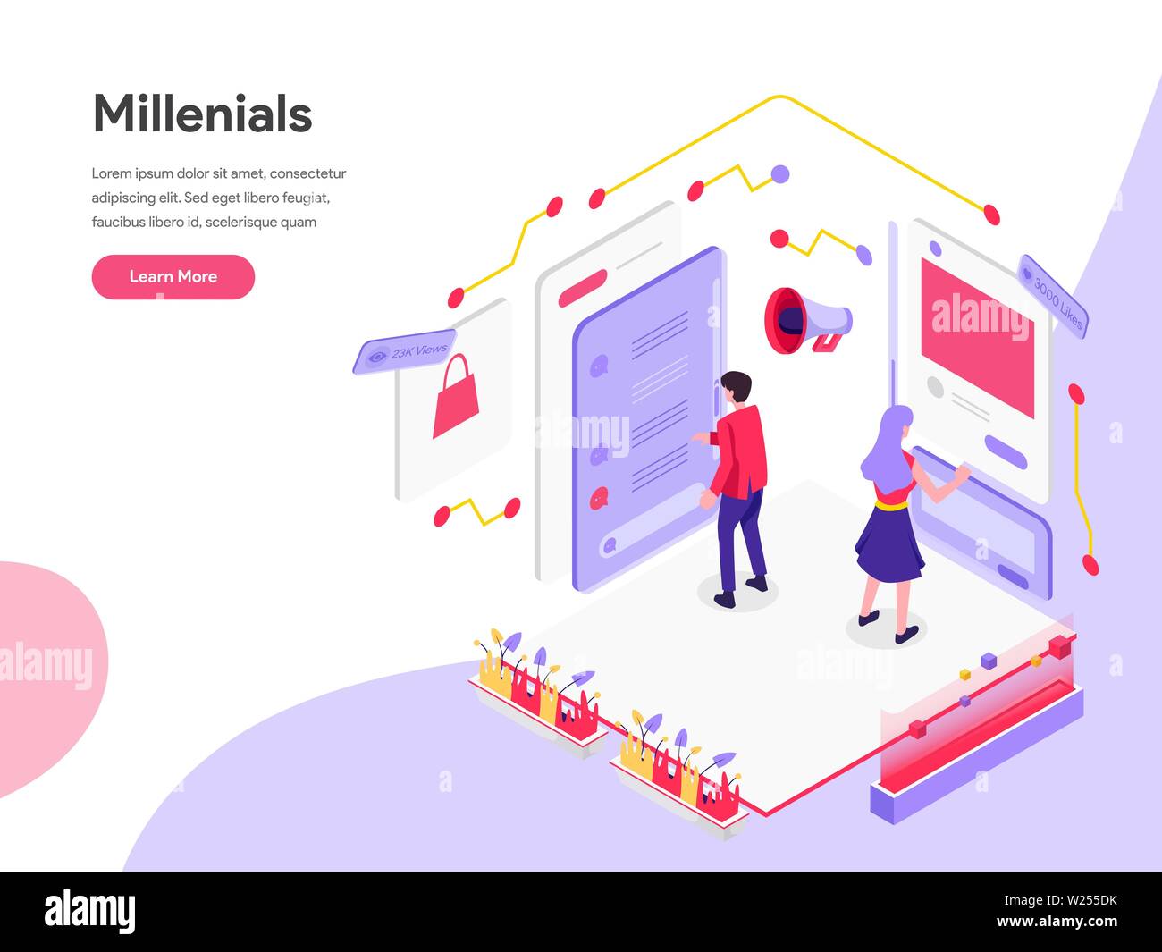 Landing page template of Millennials and Social Media Isometric Illustration Concept. Isometric flat design concept of web page design Stock Vector