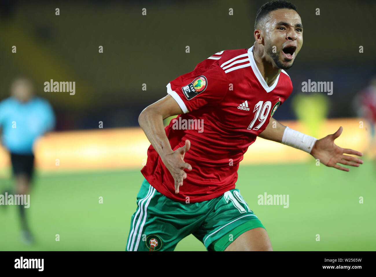 Cairo, Egypt. 5th July, 2019. Youssef En-Nesyri of Morocco celebrates scoring during the 2019 Africa Cup of Nations match between Benin and Morocco in Cairo, Egypt, on July 5, 2019. Credit: Ahmed Gomaa/Xinhua/Alamy Live News Stock Photo