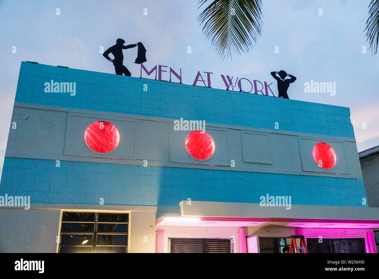 Miami Beach Florida,North Beach,Ocean Terrace,Men At Work male strip club movie shoot set building,exterior night evening converted vacant Stock Photo