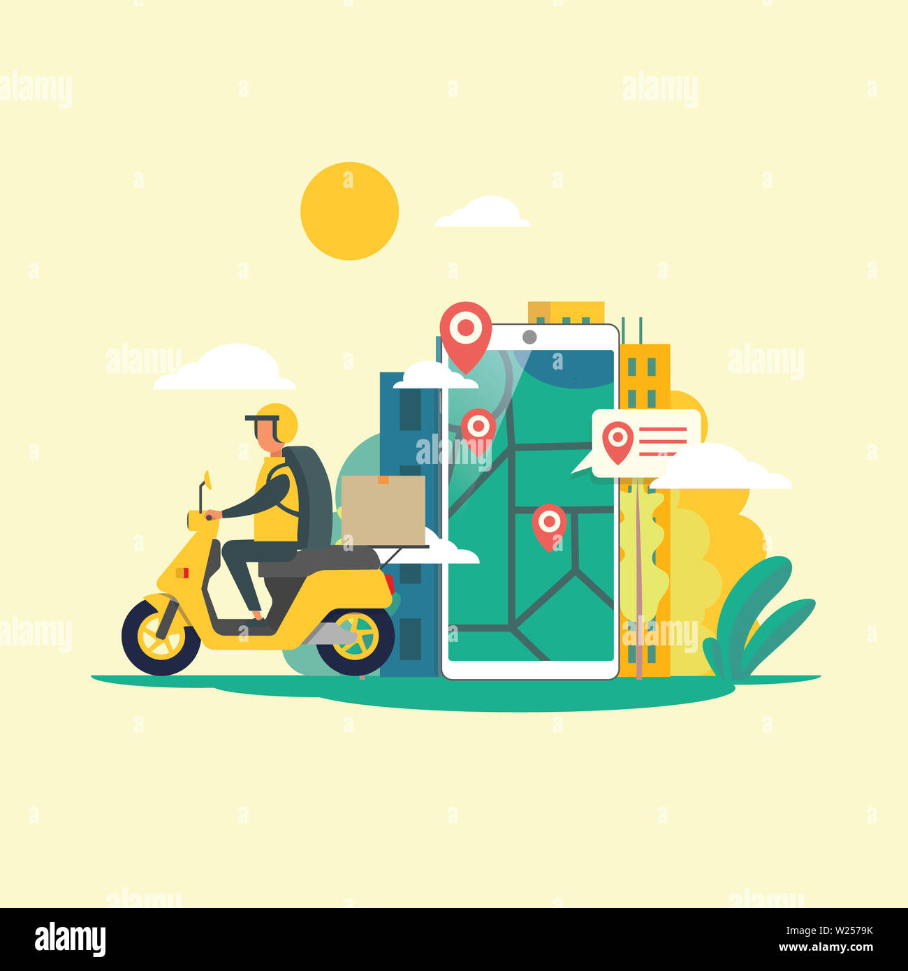 delivery service a man riding - Delivery Service A Man Riding A Two Wheeled Bike With A Location Map In The Background Of His Phone This Illustration Is Perfect For Landing Pages W2579K 