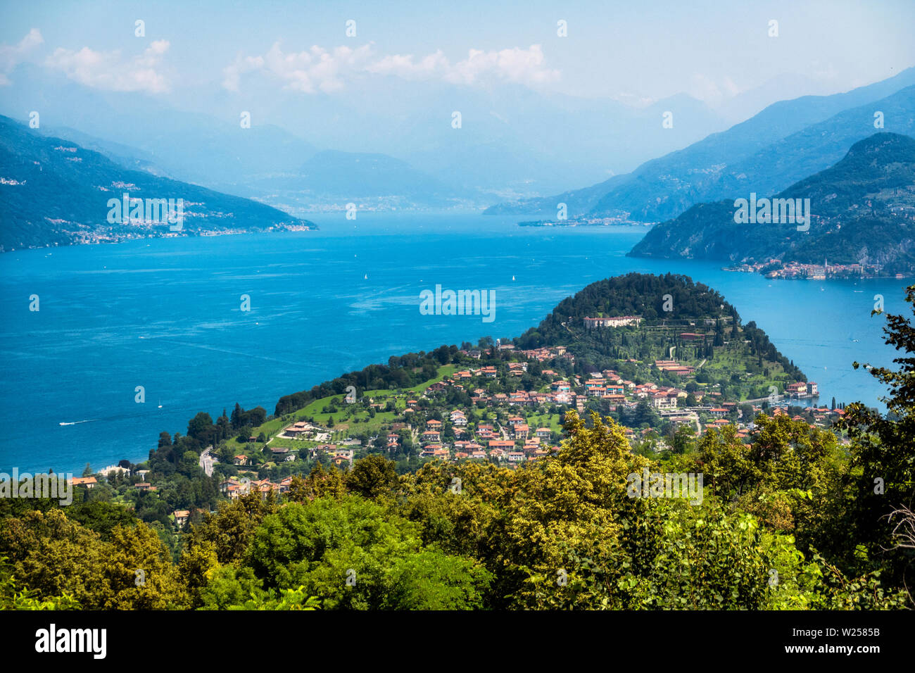 Como lake and Bellagio from above, view from Madonna del Ghisallo, Lecco, Italy. Stock Photo