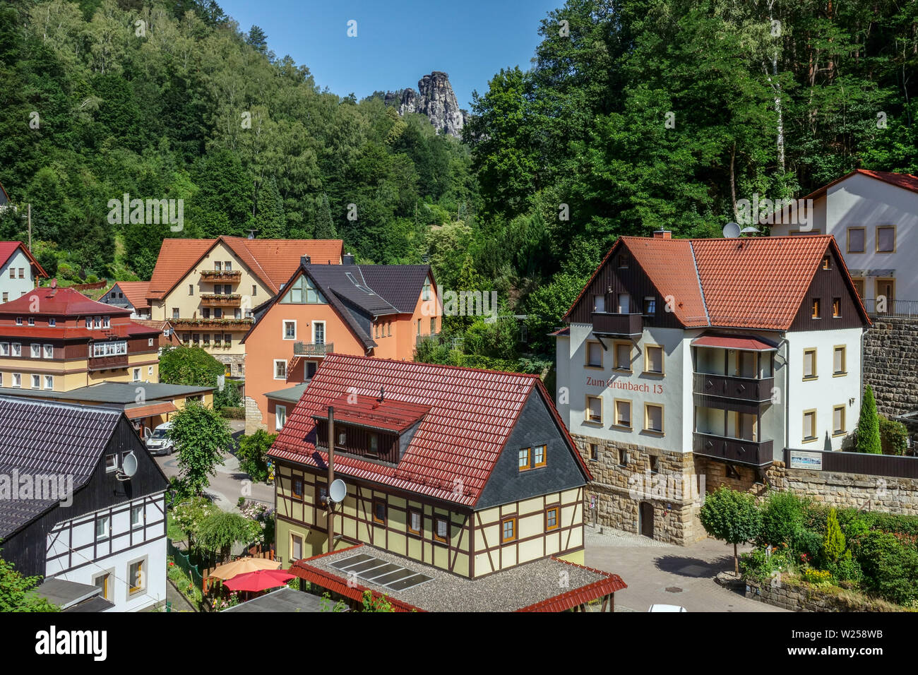 Half-timbered houses Kurort Rathen, Saxon Switzerland National Park Germany Stock Photo
