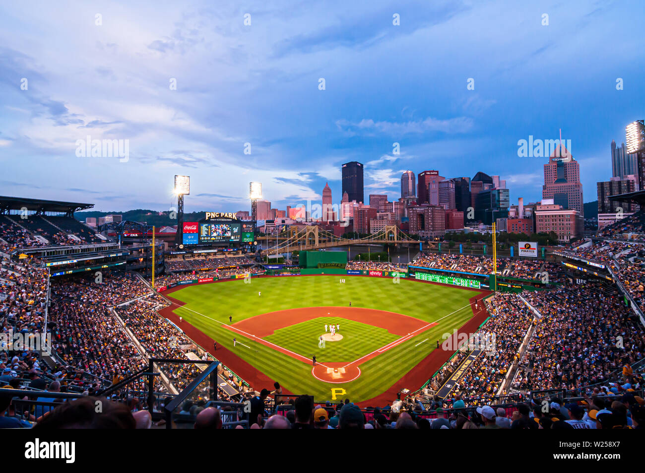 PNC Park, home field to the Pirates playing the Milwaukee Brewers on a summer night Stock Photo