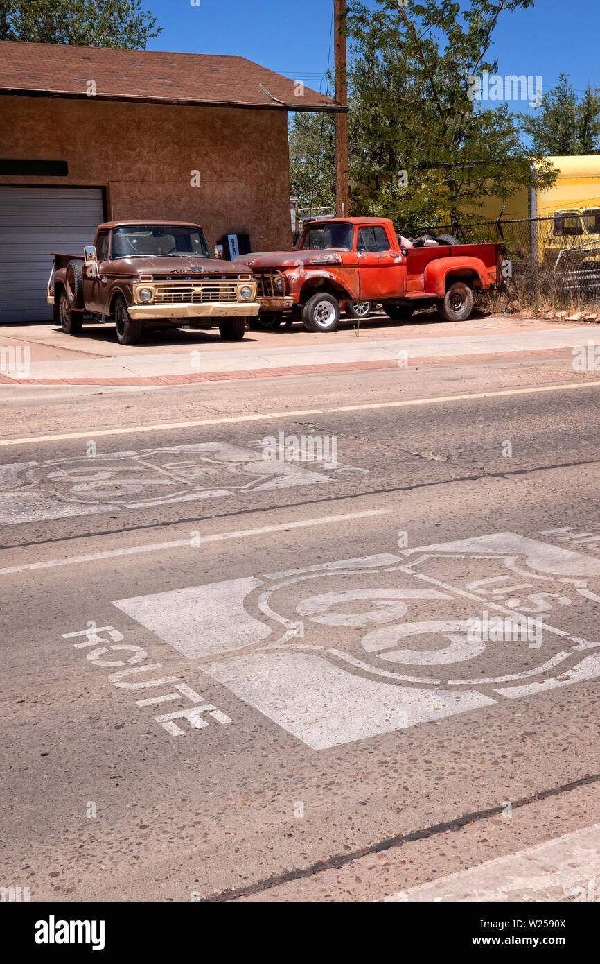 Classic American pick up trucks on Route 66 Winslow Arizona USA Stock Photo