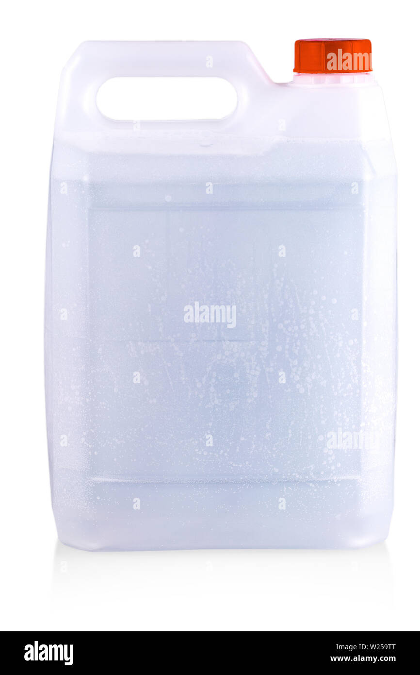 white plastic canister with red lid isoalted on white background Stock