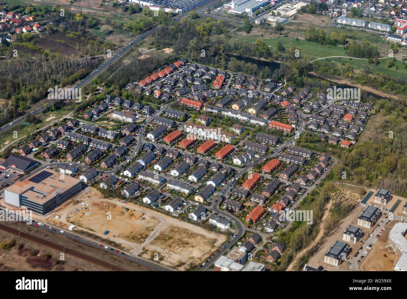 Aerial view over typical residential Berlin suburb, Germany. Stock Photo