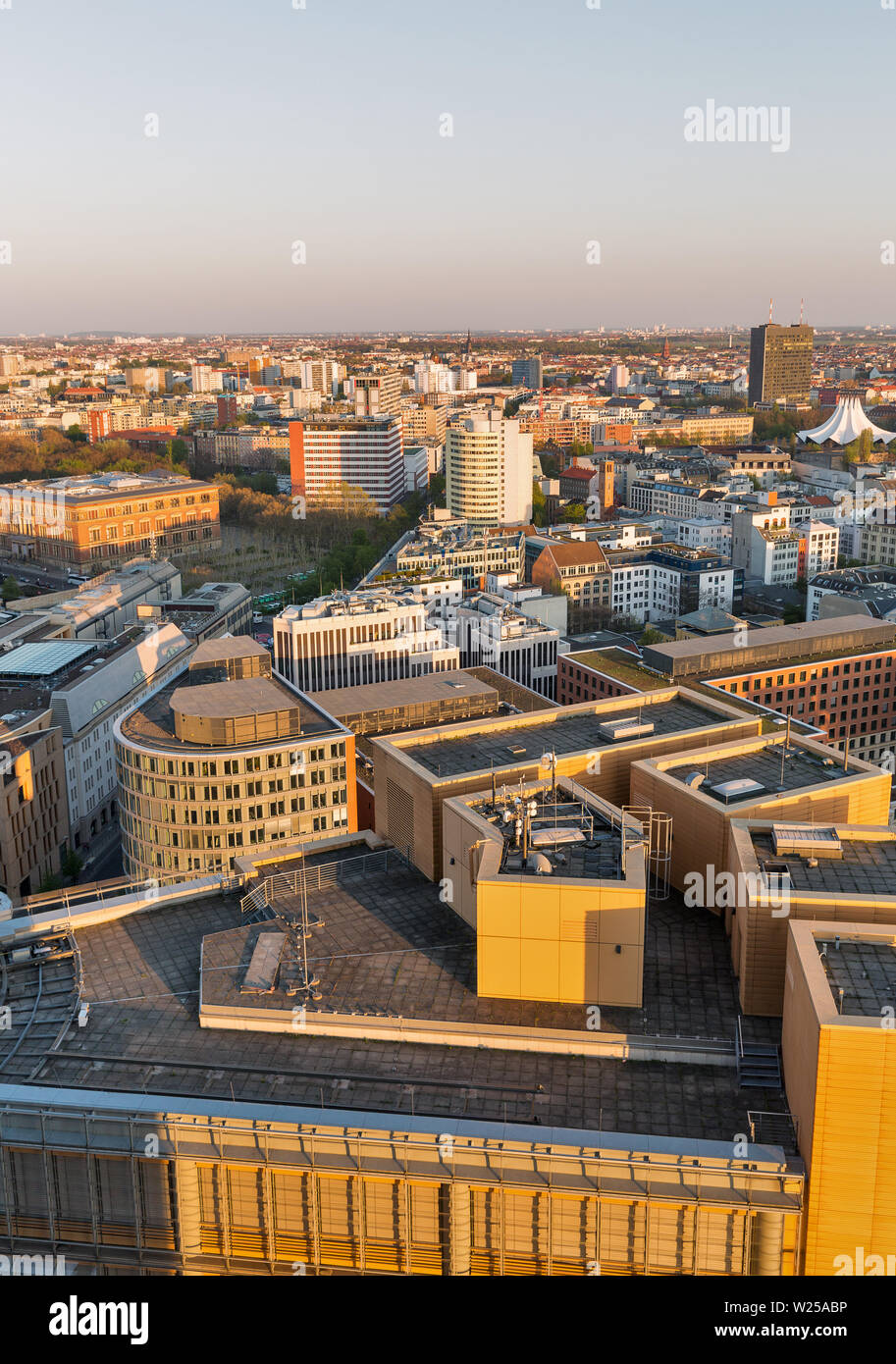 Aerial cityscape at sunset close to Potsdamer Square in Berlin, Germany. Stock Photo