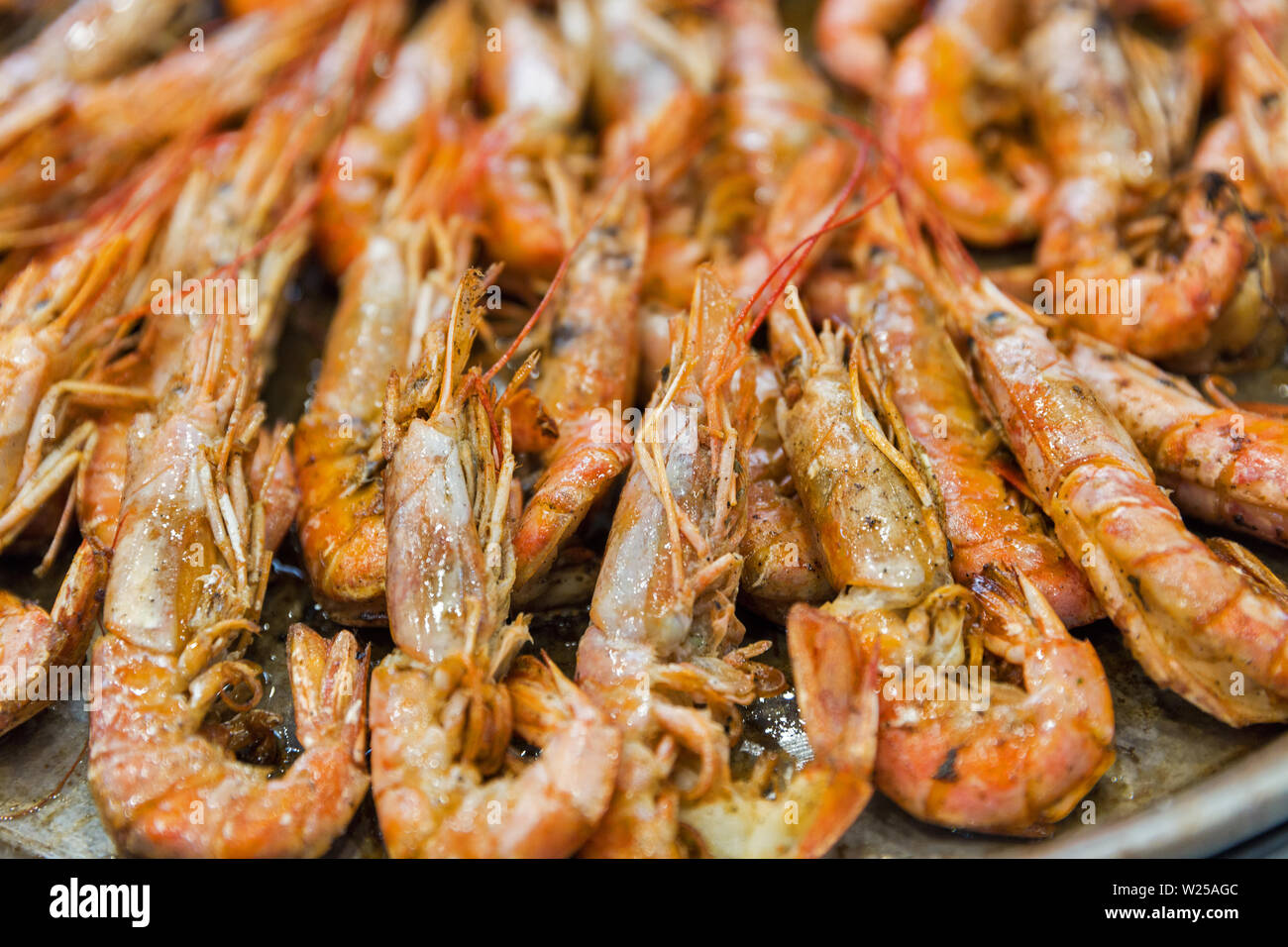 fast food tasty grilled shrimps closeup outdoor Stock Photo