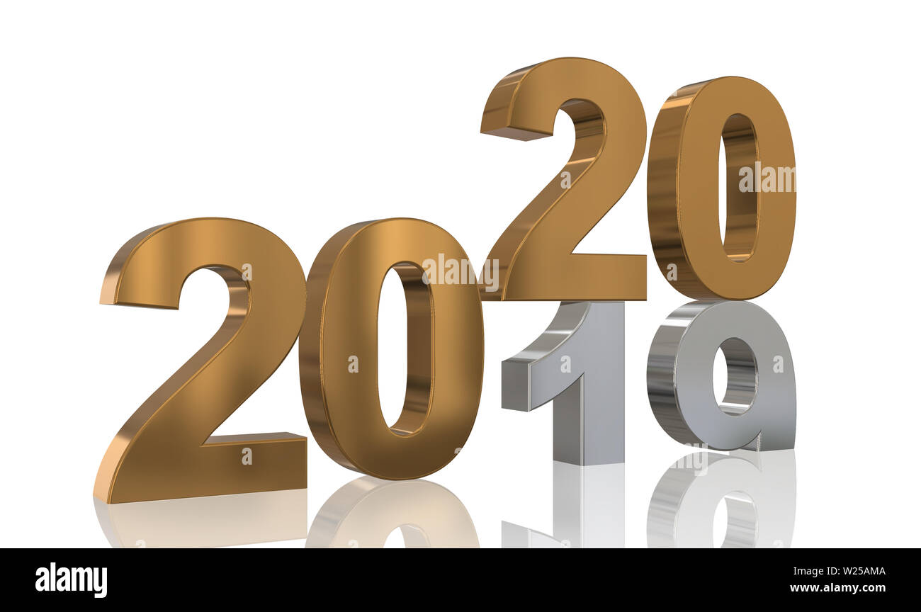 3D Render Turn of the Year 2019 to 2020 in golden and silver numbers in front of a white background Stock Photo