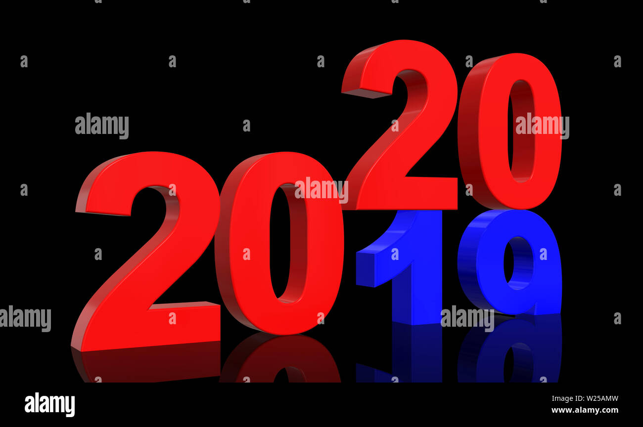 3D Render Turn of the Year 2019 to 2020 in blue and red numbers in front of a black background Stock Photo