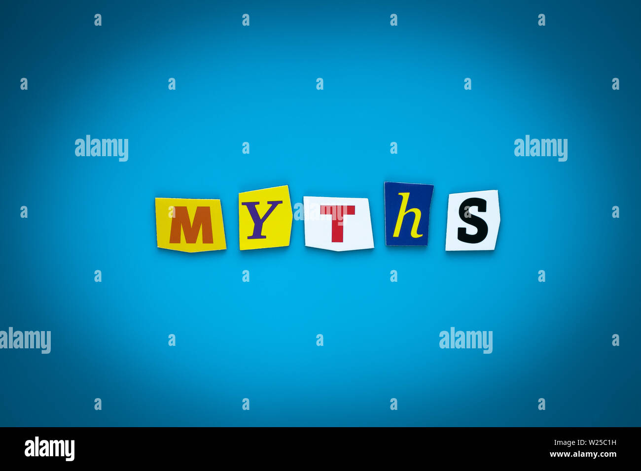 Myths - word on blue background from colorful letters. Concept of Exposing, disclosure. Text, Message on poster. Headline, caption, heading on card, b Stock Photo