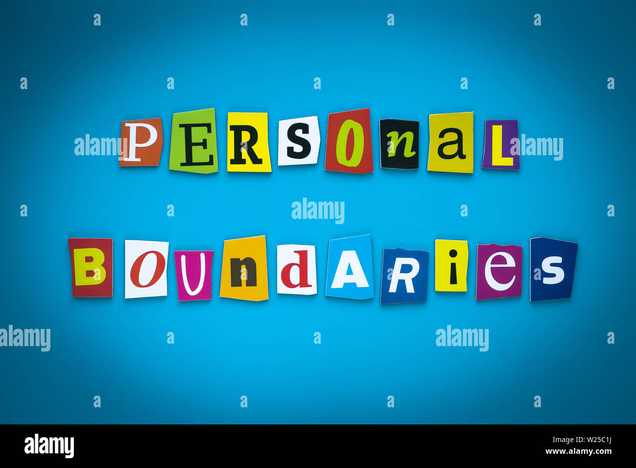 A word writing text - personal boundaries - from cut letters on a blue background. Headline, card, banner with inscription. Psychologic concept. Stock Photo