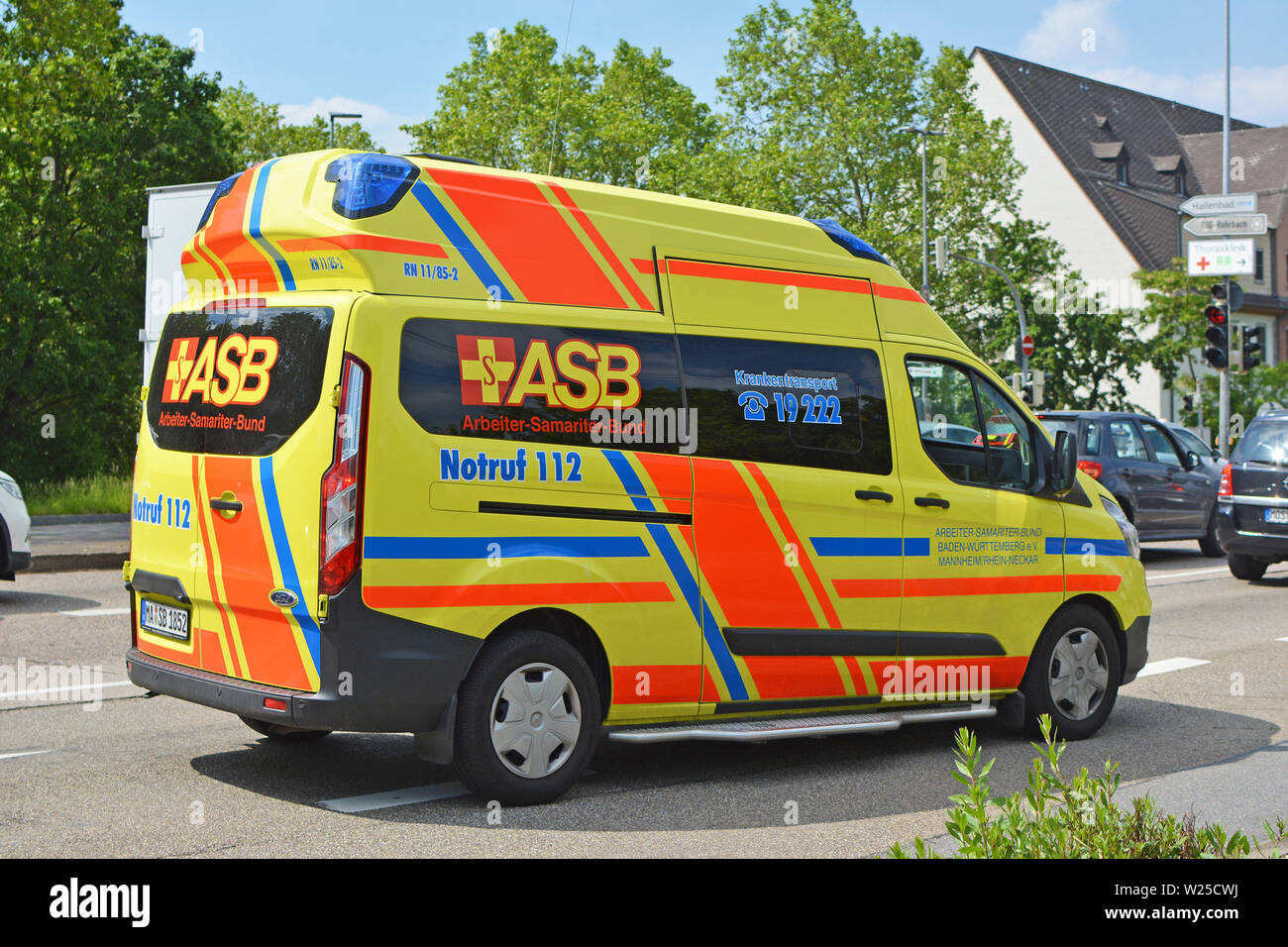 Yellow emergency car of ASB - the Workers' Samaritan Federation, a German aid and welfare organisation for civil protection, rescue service Stock Photo