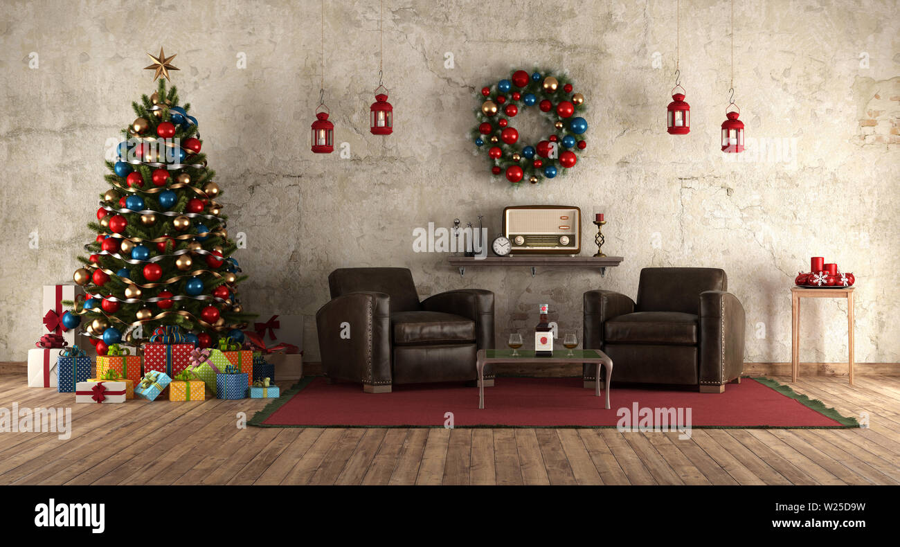 Waiting christmas in a room in retro style with christmas tree,leather armchair and decor objects 3d rendering Stock Photo