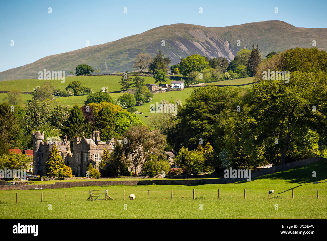 UK, Cumbria, Sedbergh, Marthwaite, Ingmire Hall , distant panoramic view from Hebblethwaites towards Winder and Howgill Fells Stock Photo
