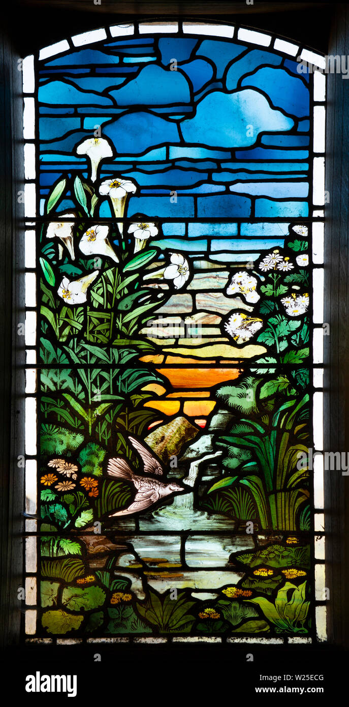 UK, Cumbria, Sedbergh, Marthwaite, St Gregory’s church window, depicting natural riverside scene Stock Photo