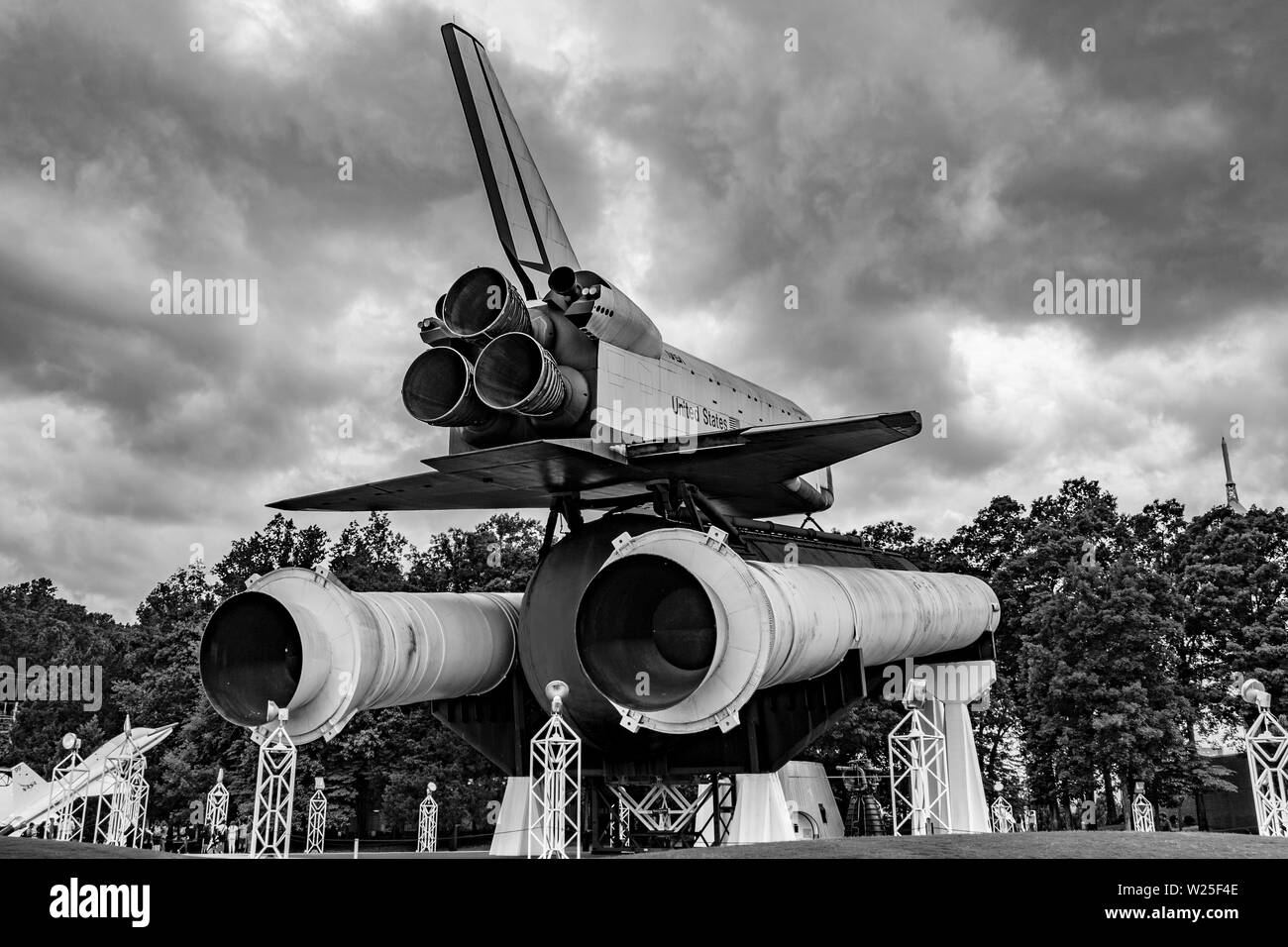 A Space Shuttle mockup designed for activities such as testing vehicle fit within buildings. On permanent display at the U.S. Space & Rocket Center. Stock Photo